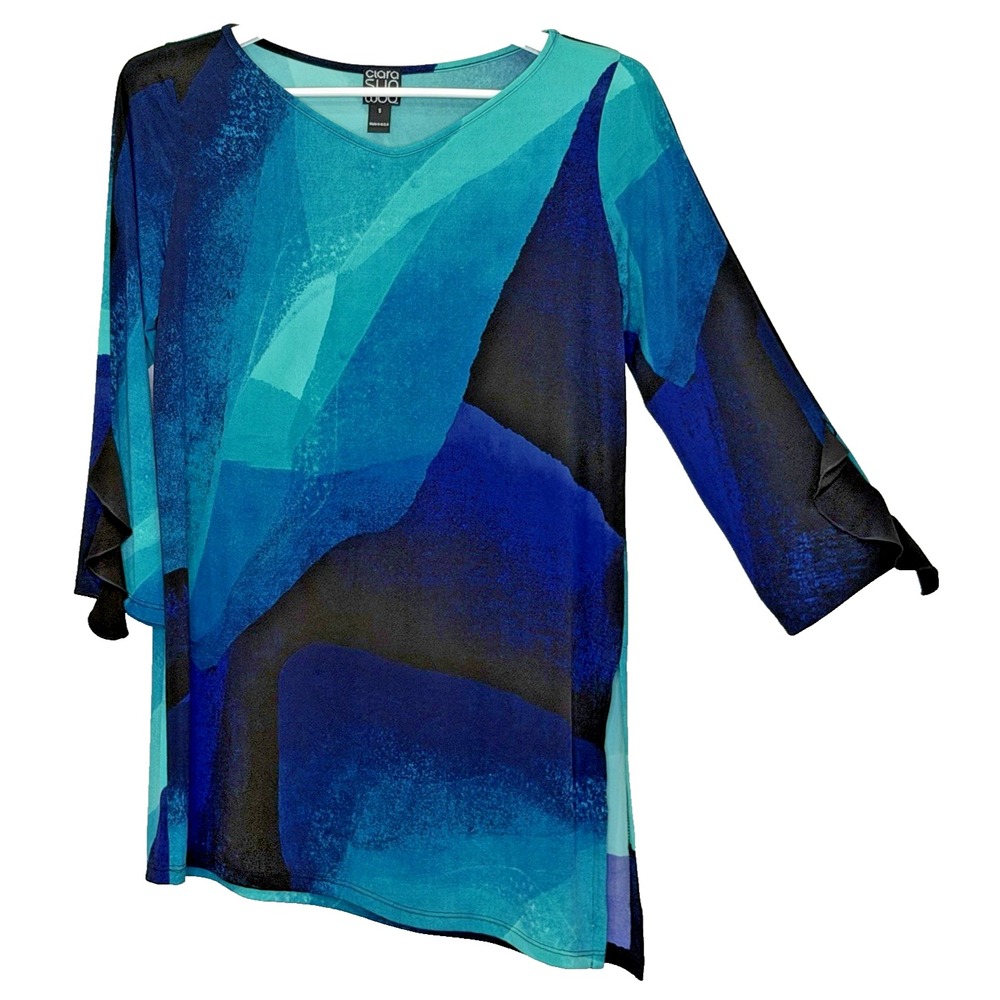 Clara Sun Woo Tunic Top Sz Small Blue Green Black 3/4 Sleeve V-Neck Asymmetrical